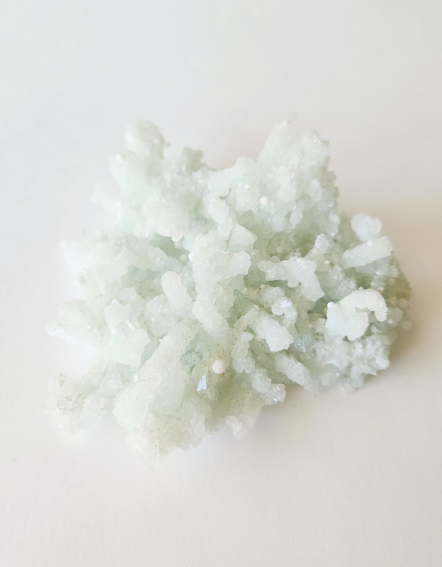 Mint green prehnite with okenite cotton balls