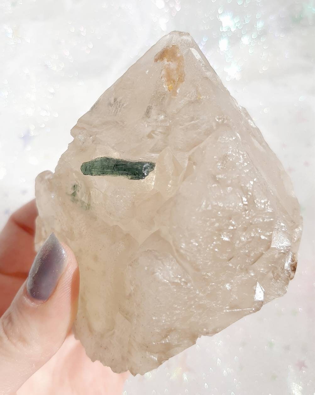 Blue / green tourmaline in elestial smoky quartz