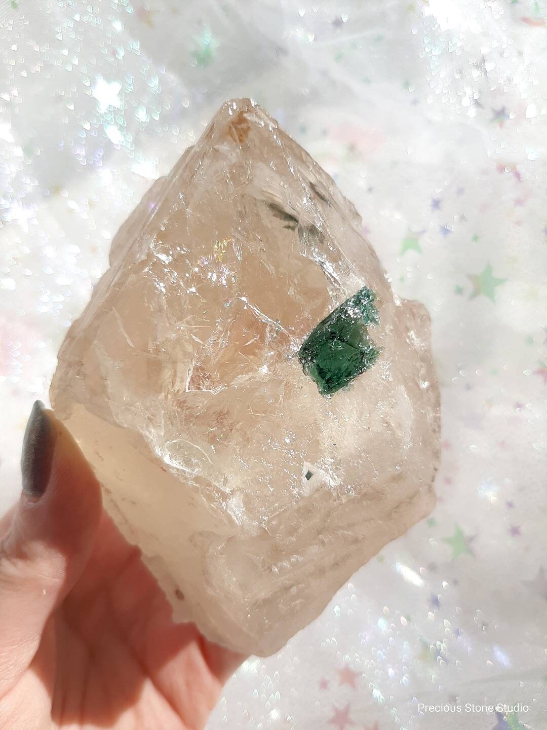 Blue / green tourmaline in elestial smoky quartz