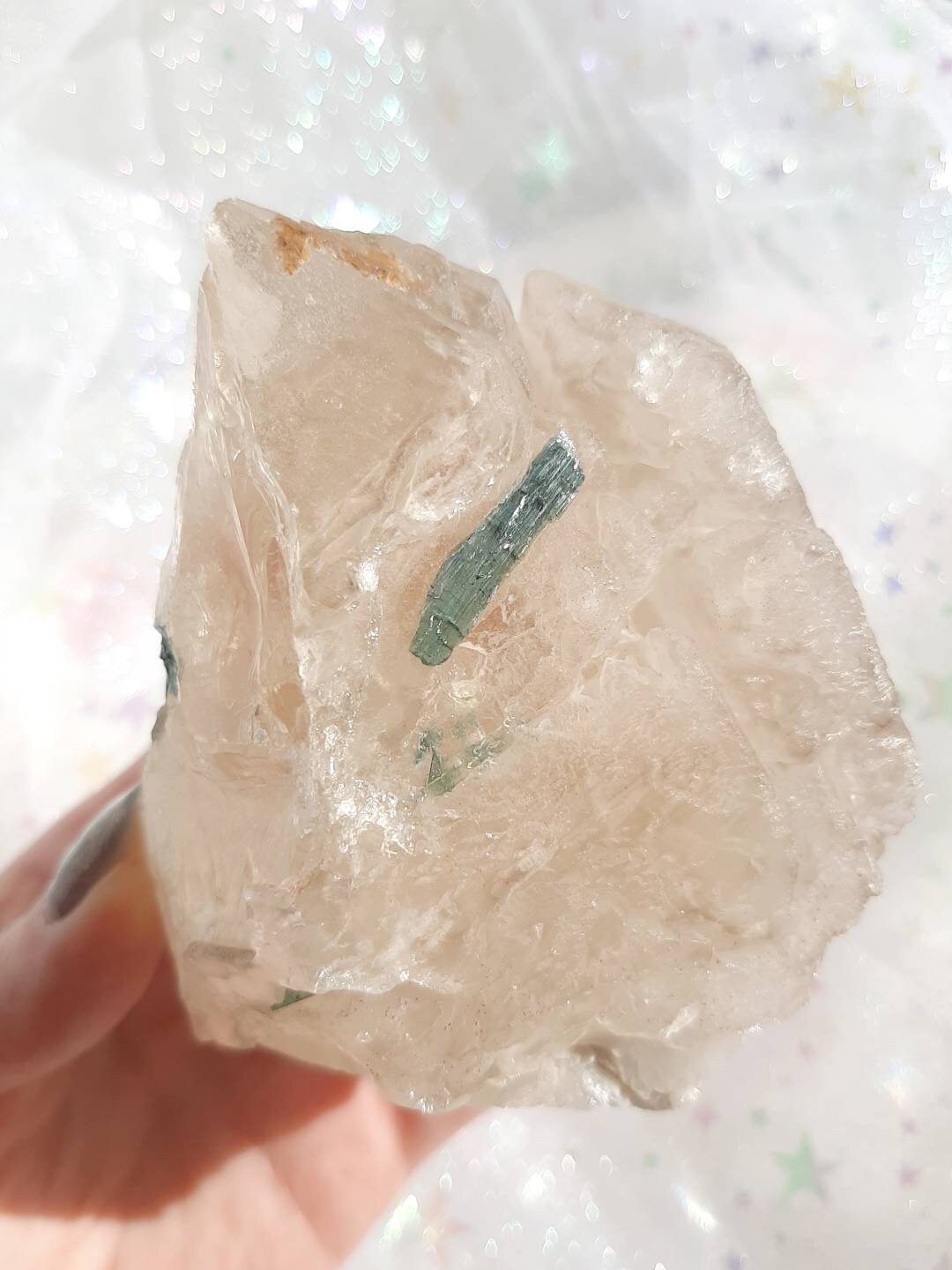 Blue / green tourmaline in elestial smoky quartz